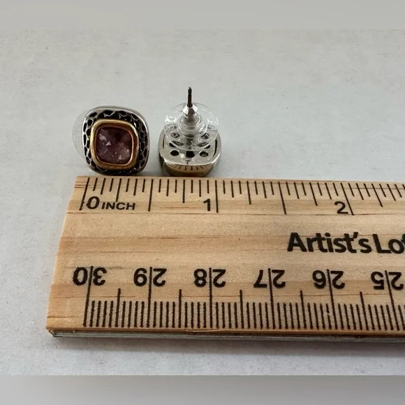 Two-toned Square Stud Premier Design Earrings with Purple Stone - Picture 10 of 11